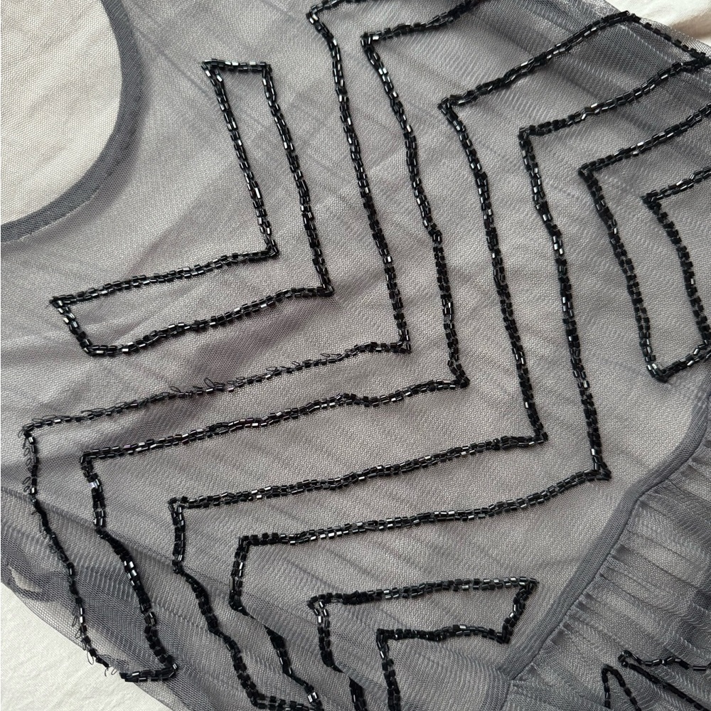 Free People Sheer Gray Dress with Black Beaded Design (Size M)